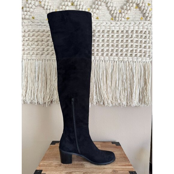 Stuart Weitzman Hitest Black Suede Leather Mid Block Heel Over The Knee Boots - Picture 8 of 16